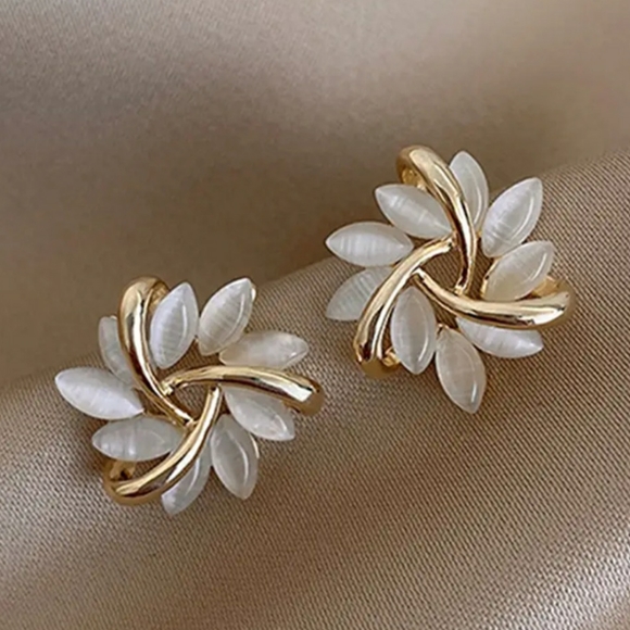 NEW Gold and Opal Petal Floral Pattern Earrings - Picture 3 of 5